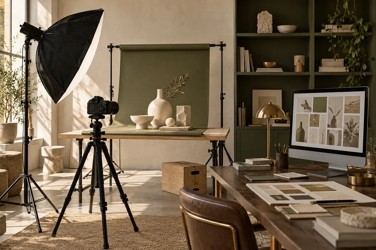 Synthetic concept of a cream and olive product photography and content-planning studio
